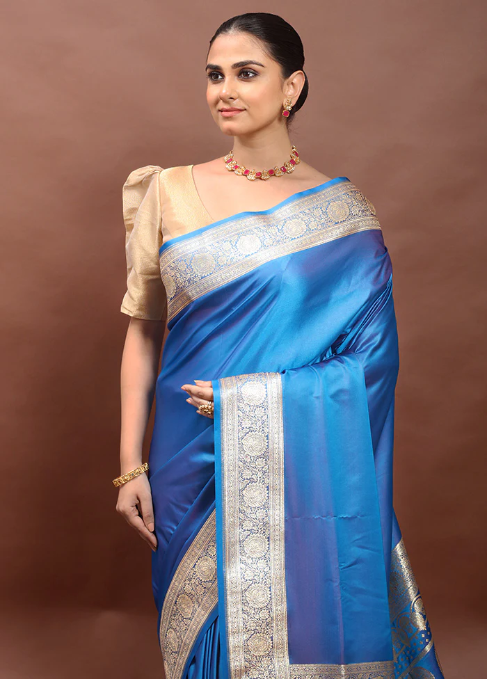 Blue Banarasi Silk Saree With Blouse Piece - Image 2
