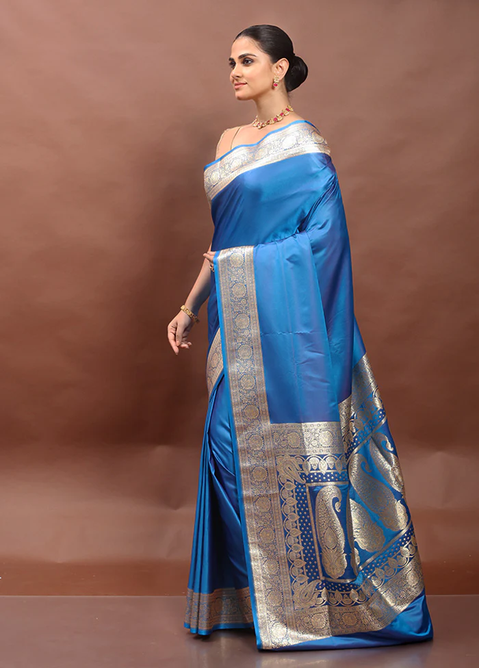 Blue Banarasi Silk Saree With Blouse Piece - Image 4
