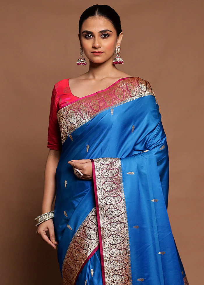 Blue Banarasi Silk Saree With Blouse Piece - Image 2