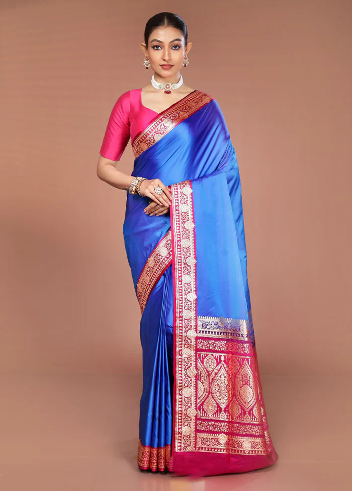 Blue Banarasi Silk Saree With Blouse Piece - Image 2