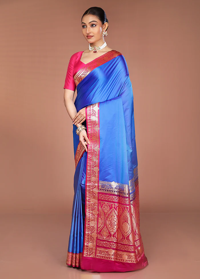 Blue Banarasi Silk Saree With Blouse Piece - Image 4