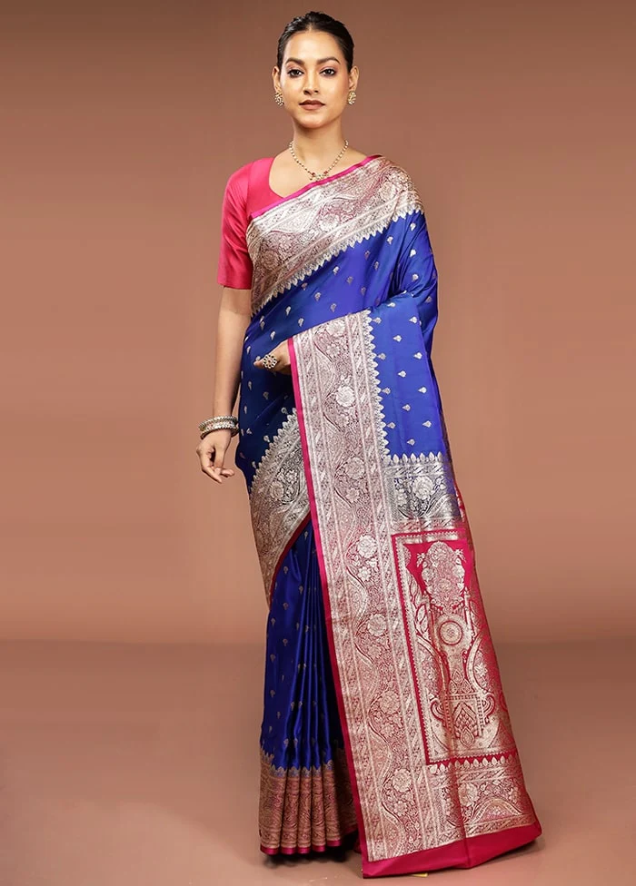Blue Banarasi Silk Saree With Blouse Piece - Image 2