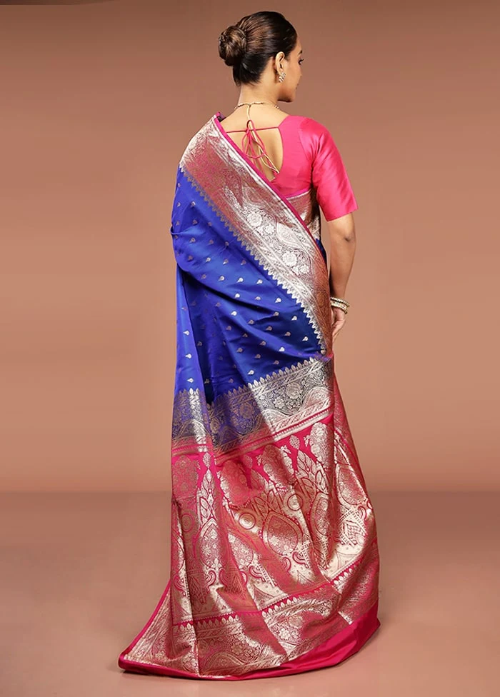 Blue Banarasi Silk Saree With Blouse Piece - Image 3