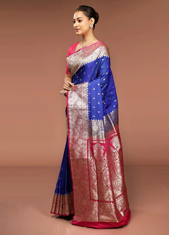 Blue Banarasi Silk Saree With Blouse Piece - Image 4