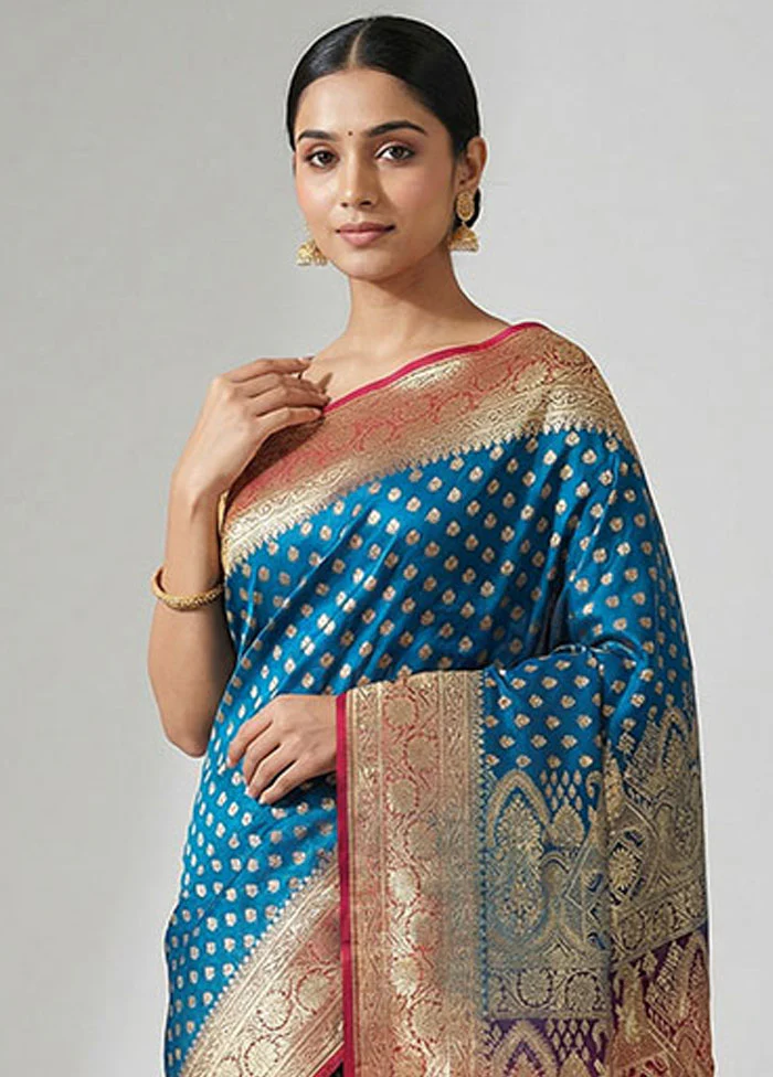 Blue Banarasi Silk Saree With Blouse Piece - Image 2