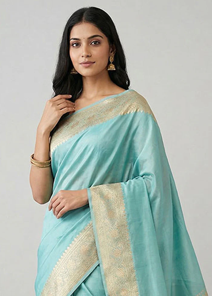 Blue Banarasi Silk Saree With Blouse Piece - Image 2