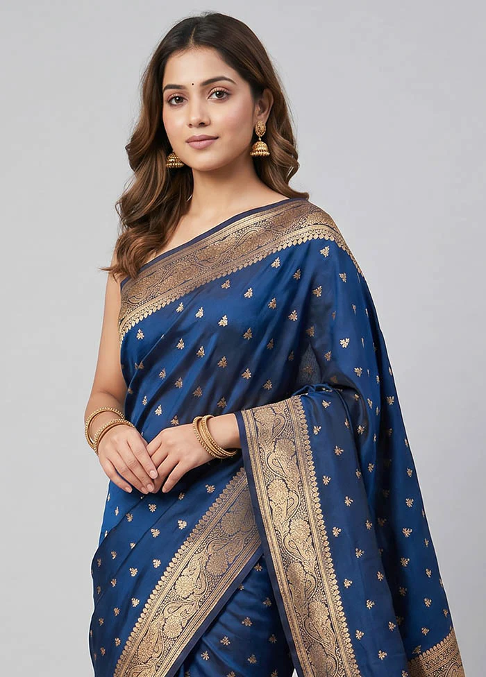 Blue Banarasi Silk Saree With Blouse Piece - Image 2
