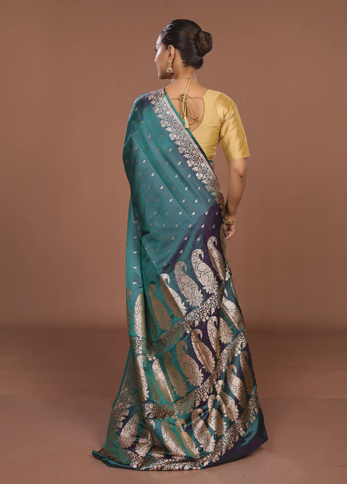 Blue Banarasi Silk Saree With Blouse Piece - Image 3