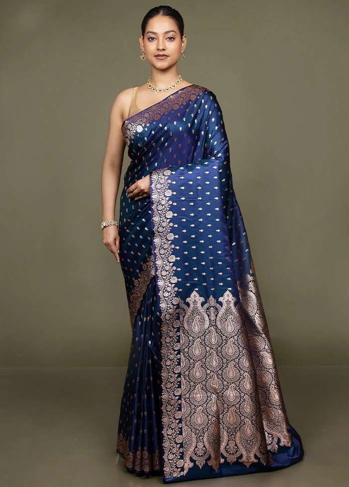Blue Banarasi Silk Saree With Blouse Piece - Image 2