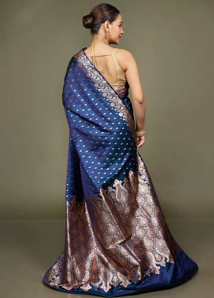 Blue Banarasi Silk Saree With Blouse Piece - Image 3