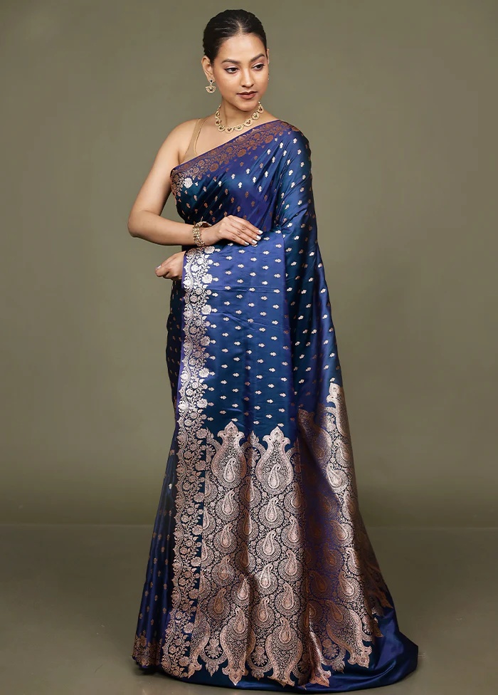 Blue Banarasi Silk Saree With Blouse Piece - Image 4
