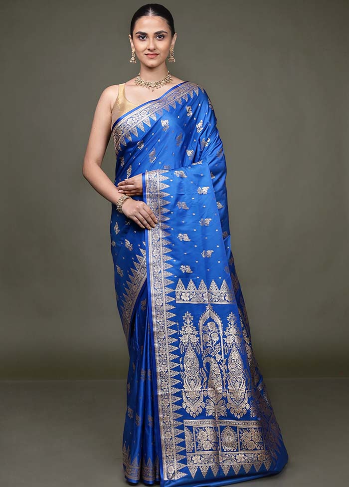 Blue Banarasi Silk Saree With Blouse Piece - Image 2