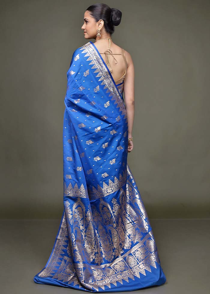 Blue Banarasi Silk Saree With Blouse Piece - Image 3
