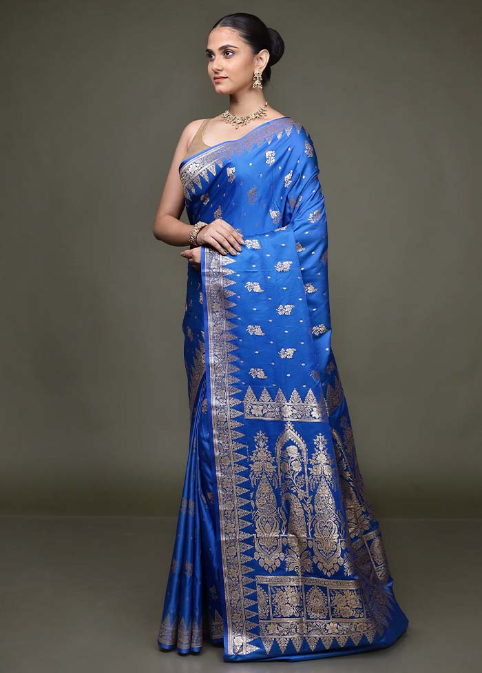 Blue Banarasi Silk Saree With Blouse Piece - Image 4