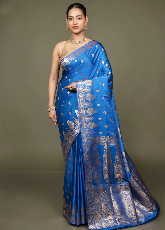 Blue Banarasi Silk Saree With Blouse Piece - Image 2