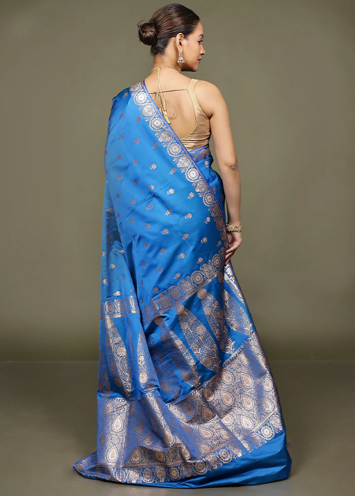 Blue Banarasi Silk Saree With Blouse Piece - Image 3