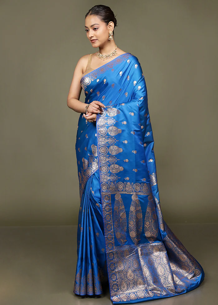 Blue Banarasi Silk Saree With Blouse Piece - Image 4