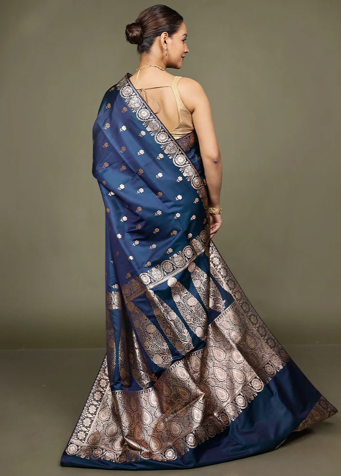 Blue Banarasi Silk Saree With Blouse Piece - Image 3
