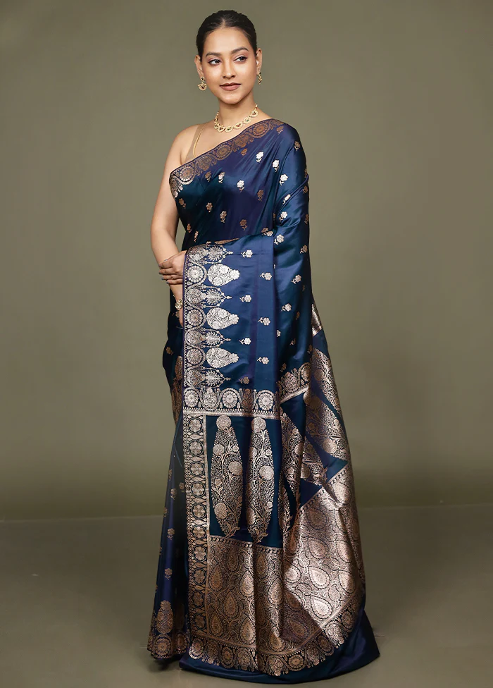 Blue Banarasi Silk Saree With Blouse Piece - Image 4