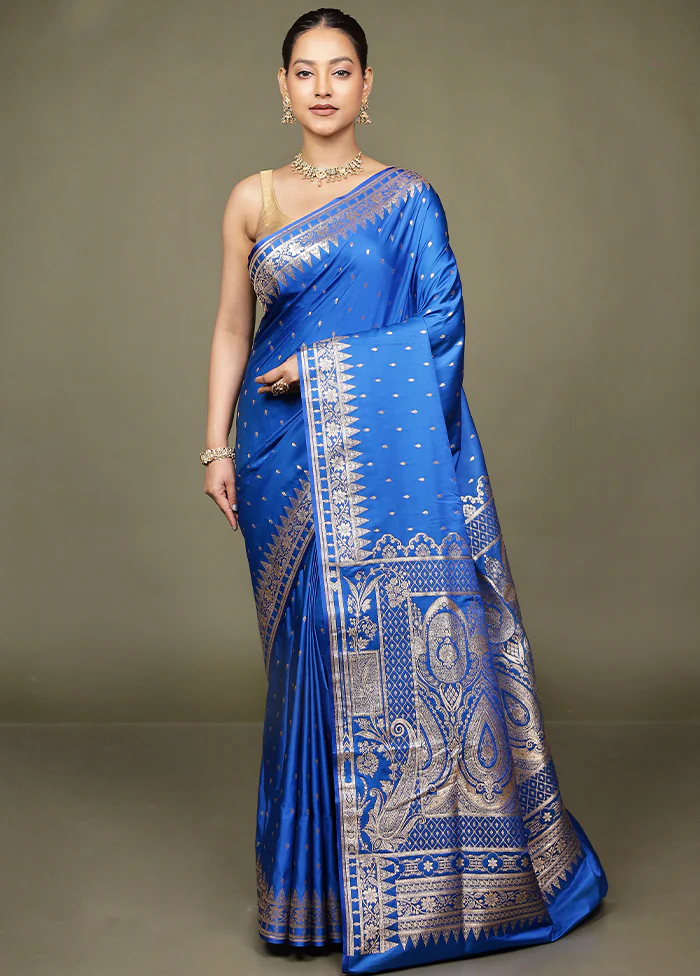 Blue Banarasi Silk Saree With Blouse Piece - Image 2