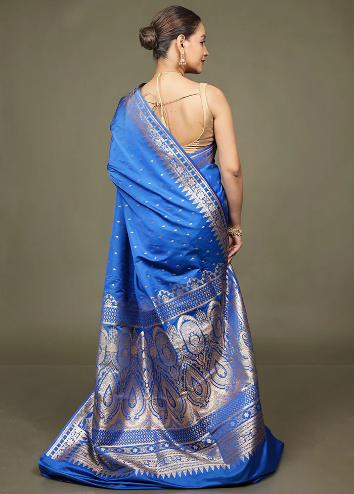 Blue Banarasi Silk Saree With Blouse Piece - Image 3
