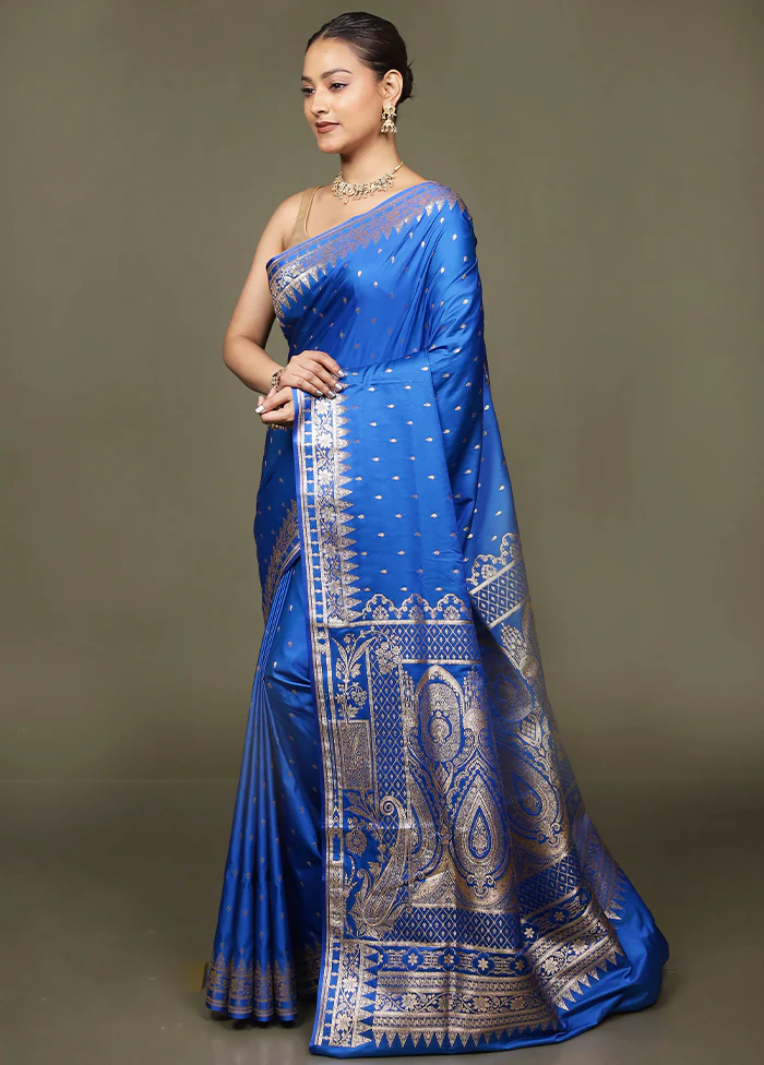 Blue Banarasi Silk Saree With Blouse Piece - Image 4