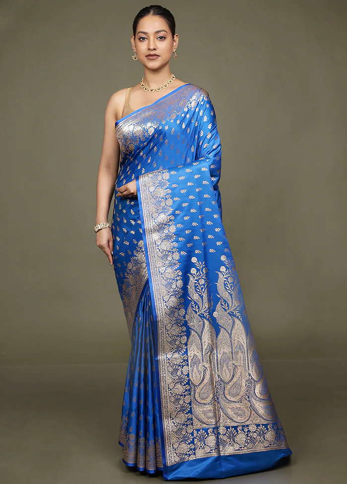 Blue Banarasi Silk Saree With Blouse Piece - Image 2