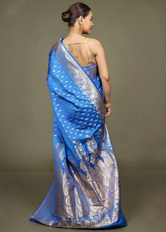 Blue Banarasi Silk Saree With Blouse Piece - Image 3