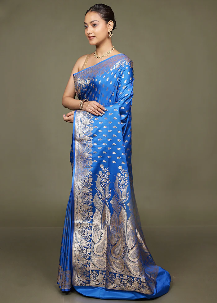 Blue Banarasi Silk Saree With Blouse Piece - Image 4