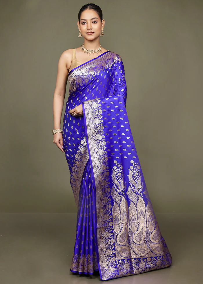 Blue Banarasi Silk Saree With Blouse Piece - Image 2
