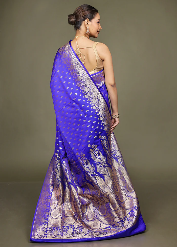 Blue Banarasi Silk Saree With Blouse Piece - Image 3