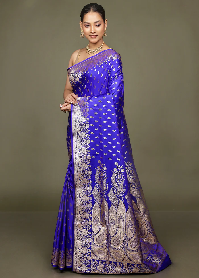 Blue Banarasi Silk Saree With Blouse Piece - Image 4