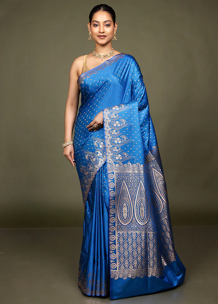 Blue Banarasi Silk Saree With Blouse Piece - Image 2