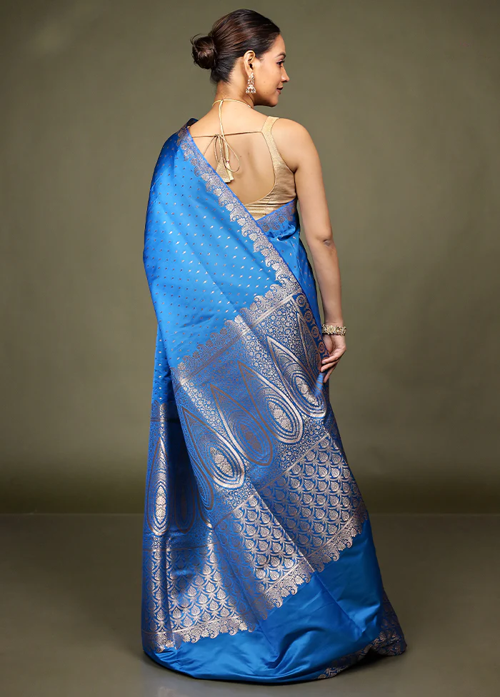 Blue Banarasi Silk Saree With Blouse Piece - Image 3