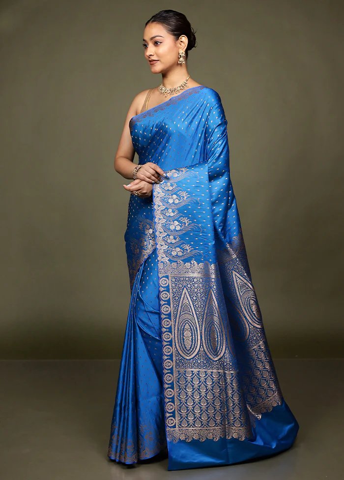 Blue Banarasi Silk Saree With Blouse Piece - Image 4