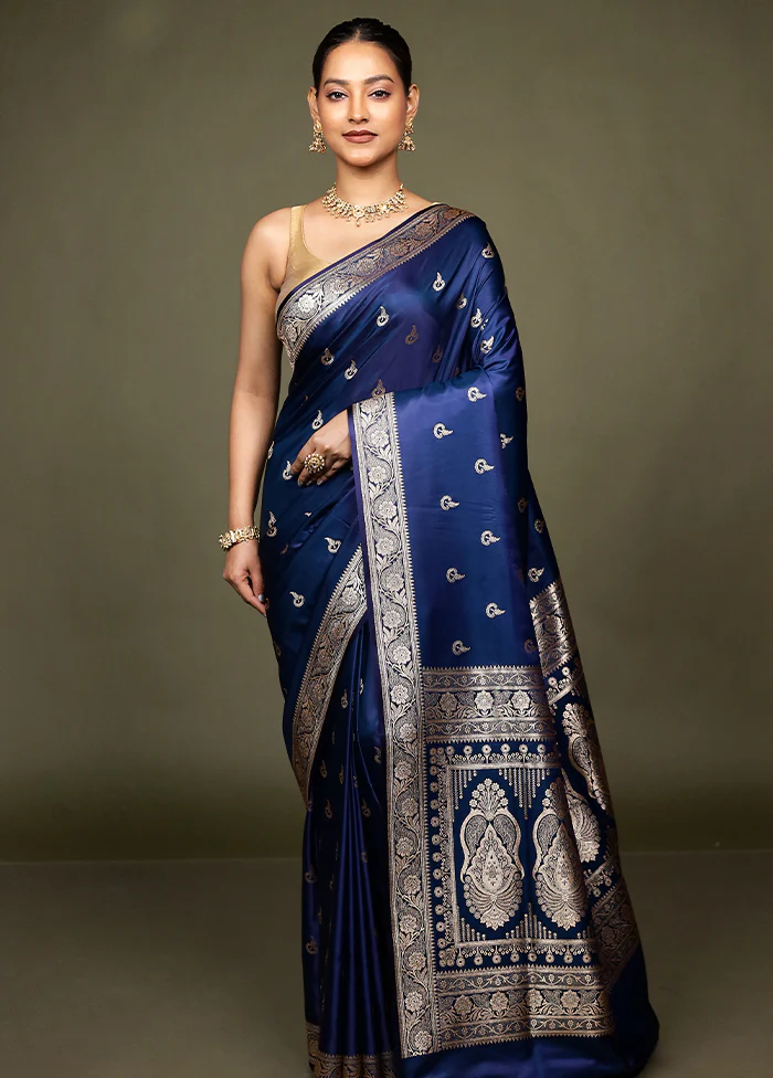 Blue Banarasi Silk Saree With Blouse Piece - Image 2