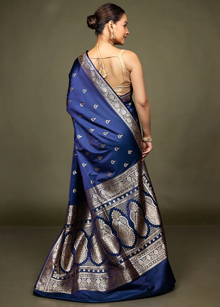Blue Banarasi Silk Saree With Blouse Piece - Image 3