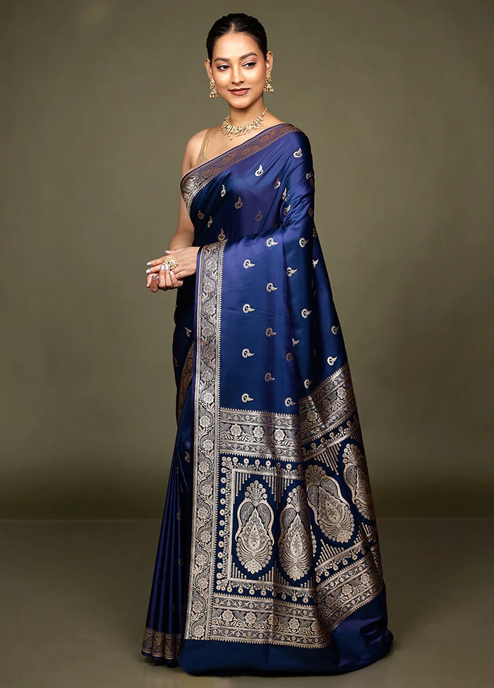 Blue Banarasi Silk Saree With Blouse Piece - Image 4