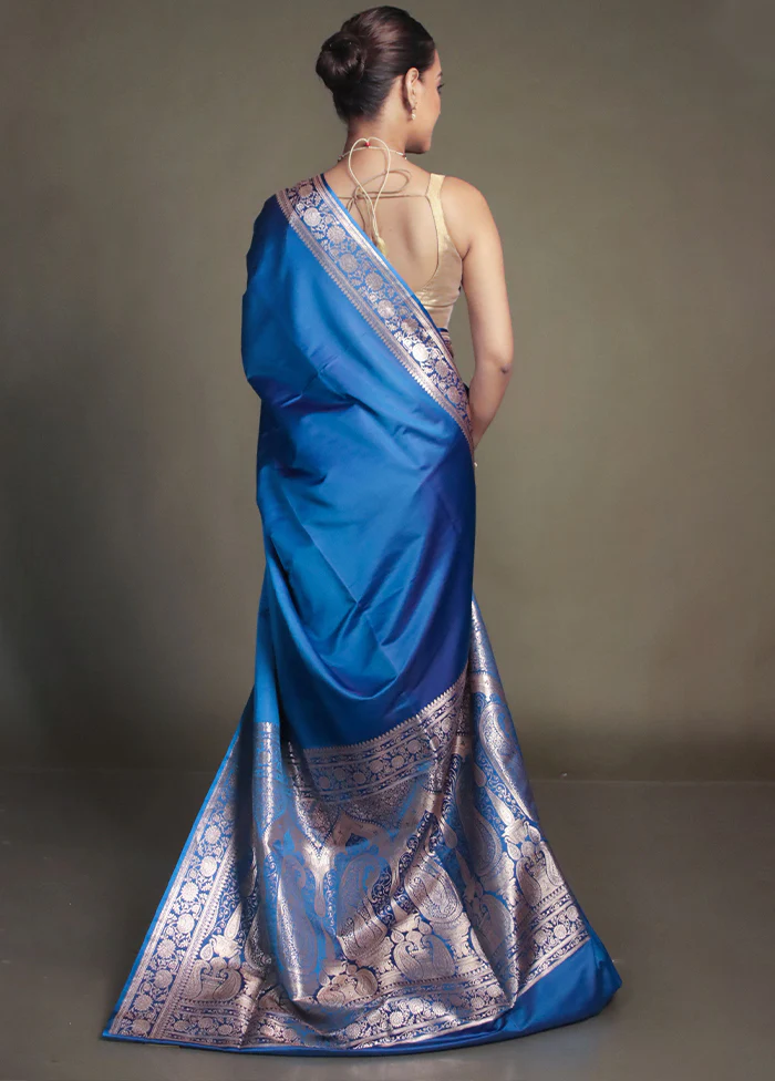 Blue Banarasi Silk Saree With Blouse Piece - Image 3