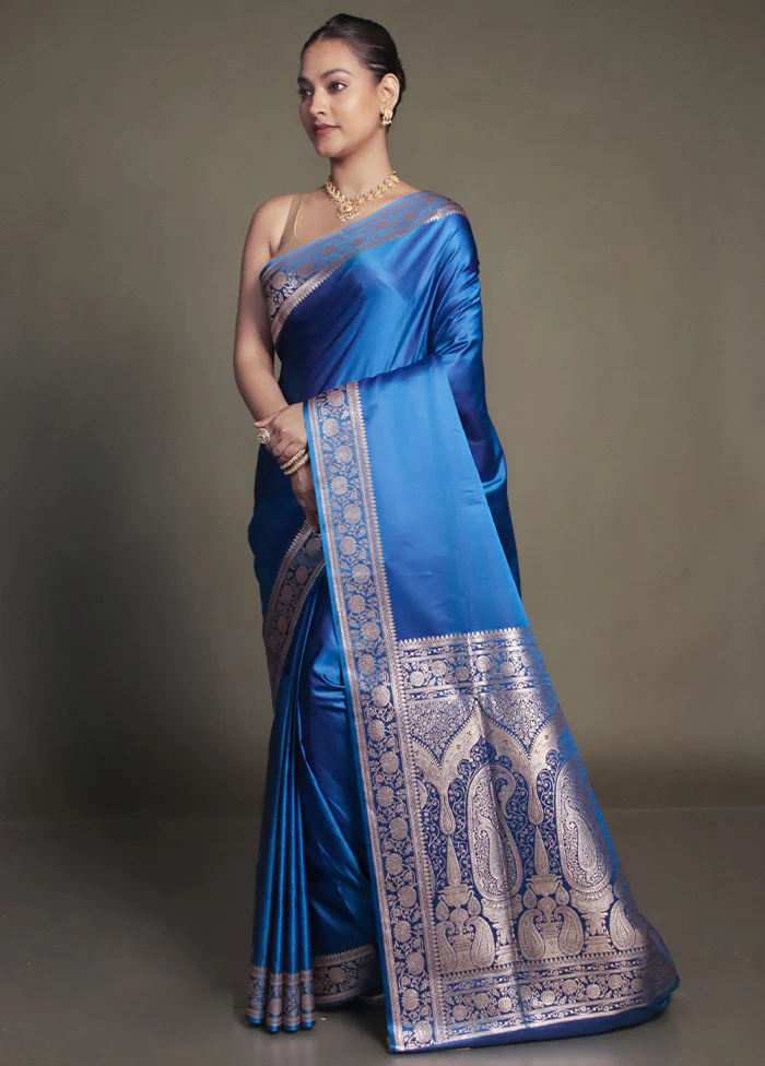 Blue Banarasi Silk Saree With Blouse Piece - Image 4