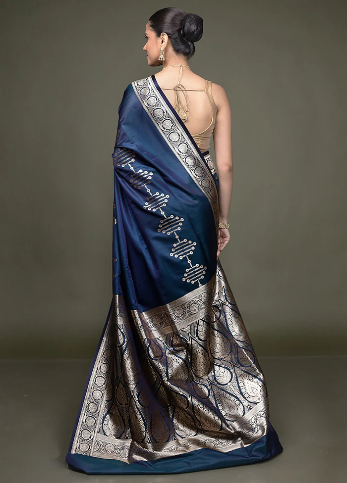 Blue Banarasi Silk Saree With Blouse Piece - Image 3