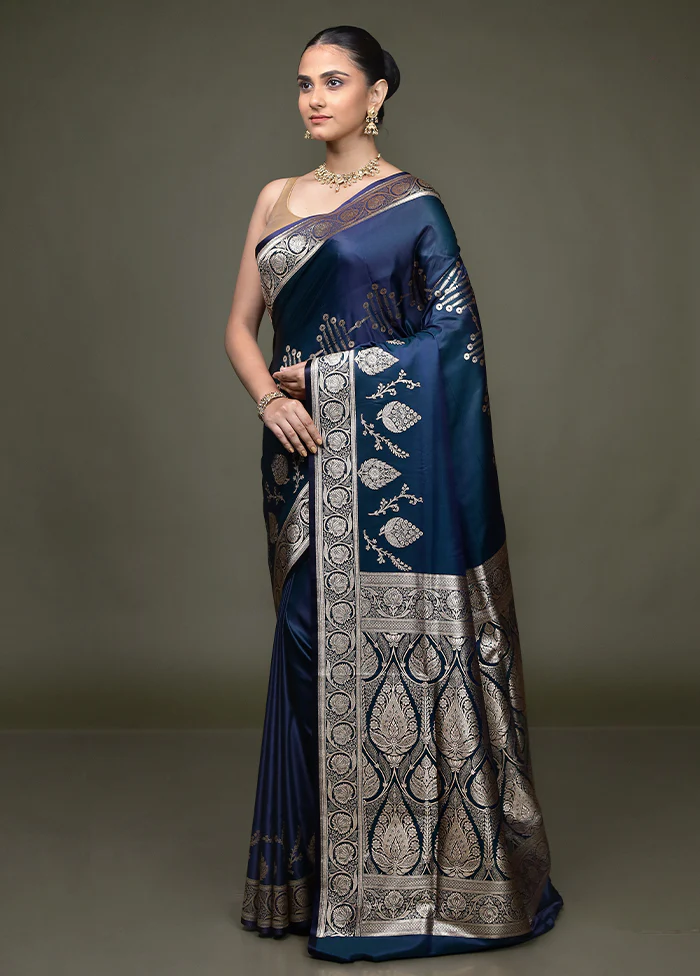 Blue Banarasi Silk Saree With Blouse Piece - Image 4