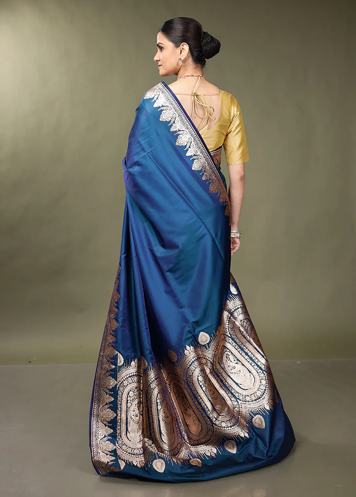 Blue Banarasi Silk Saree With Blouse Piece - Image 3