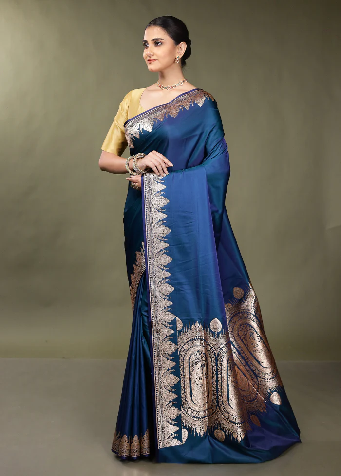 Blue Banarasi Silk Saree With Blouse Piece - Image 4