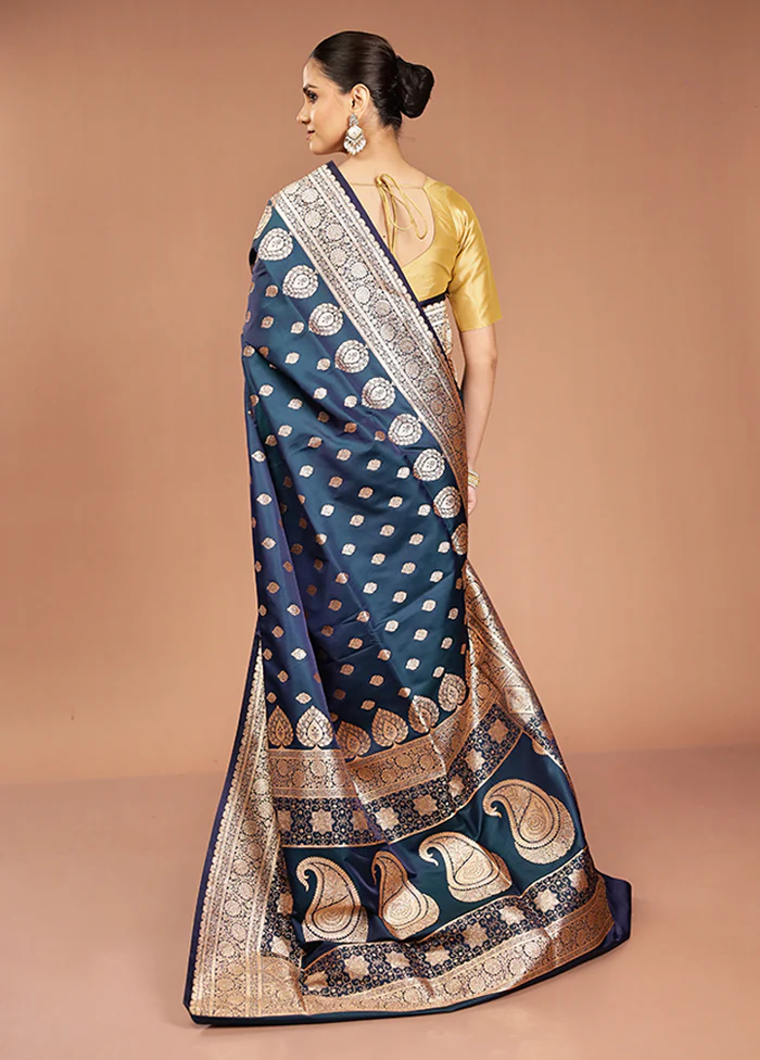 Blue Banarasi Silk Saree With Blouse Piece - Image 3