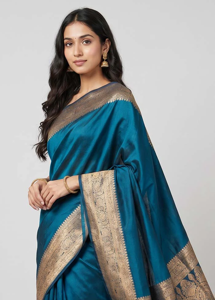 Blue Banarasi Silk Saree With Blouse Piece - Image 2