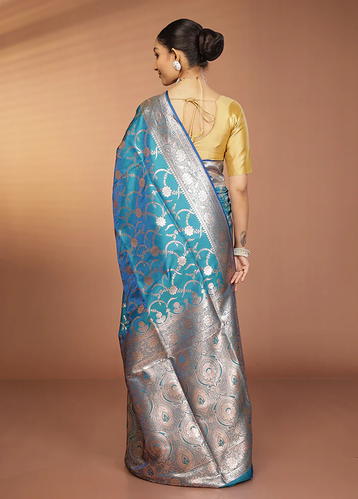 Blue Banarasi Silk Saree With Blouse Piece - Image 3