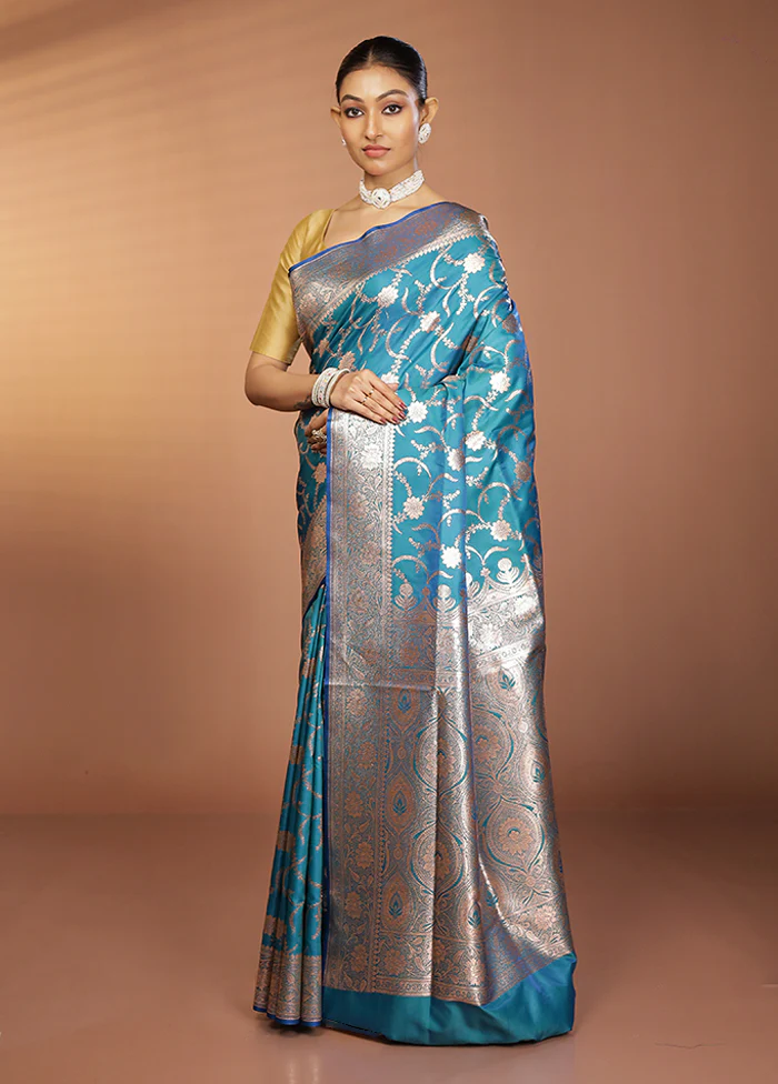 Blue Banarasi Silk Saree With Blouse Piece - Image 4