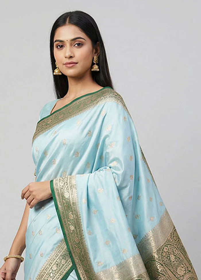 Blue Banarasi Silk Saree With Blouse Piece - Image 2