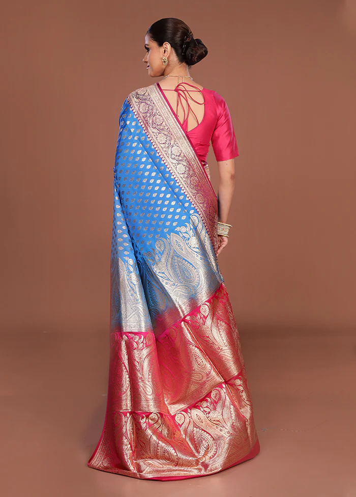 Blue Banarasi Silk Saree With Blouse Piece - Image 3